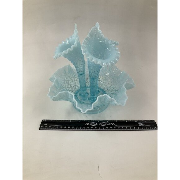 FENTON Glass 10" Flower EPERGNE Sea Blue Opalescent Hobnail Diamond Lace, MINT!! - Picture 7 of 16